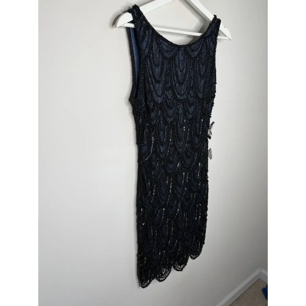 Pisarro Nights Embellished Sequins Sleeveless Mini Cocktail Dress Navy Blue 6